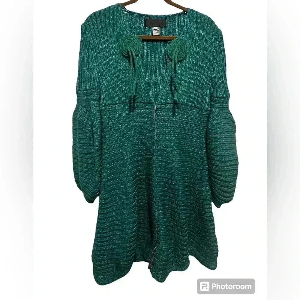 Pepa Pombo Hand Knit Sweater Boho Couture Emerald Green Coat size Large
